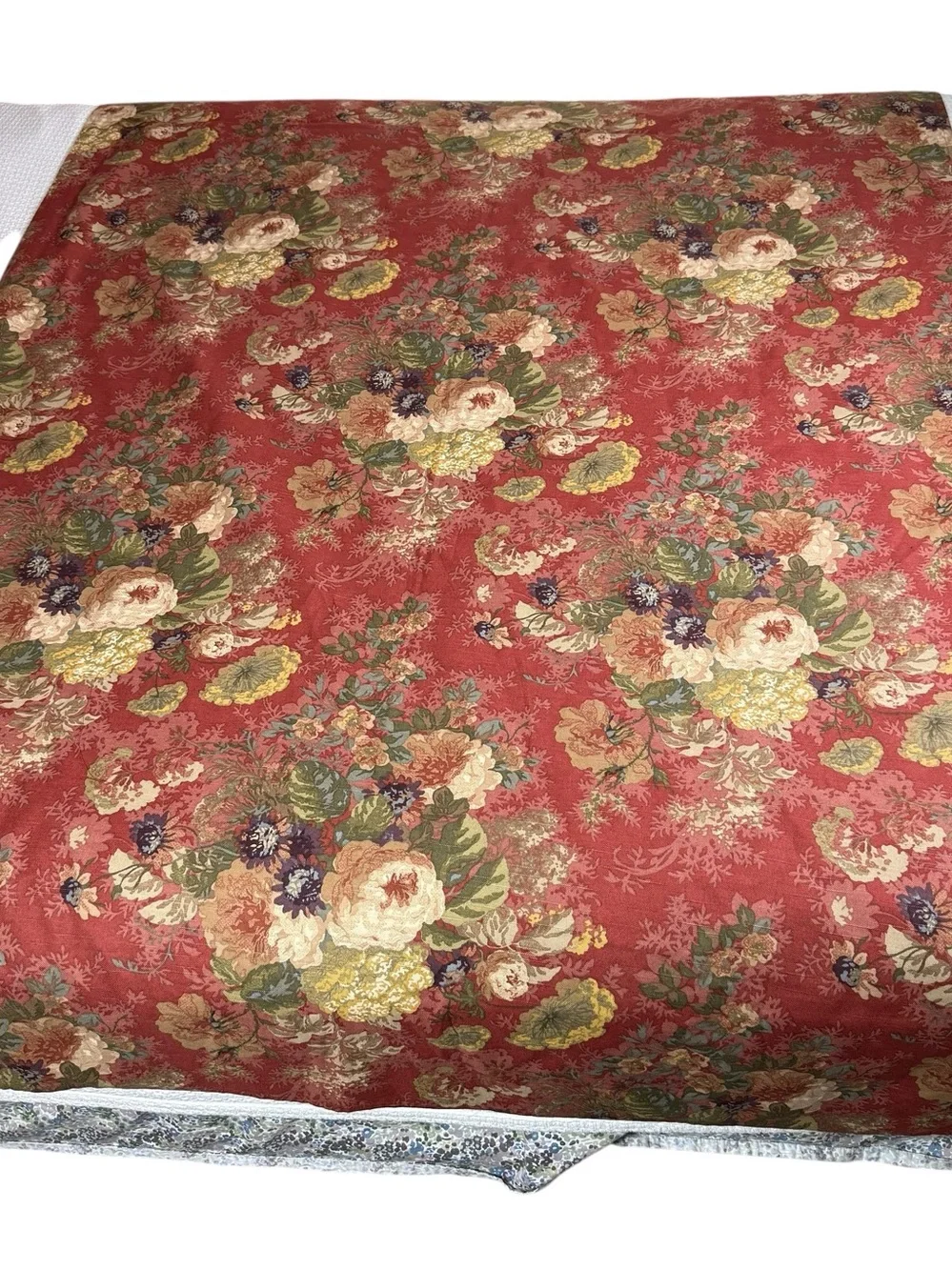 Vintage Red Floral Tablecloth Farmhouse Cottage 52”X83” Cotton Green Blue Fall